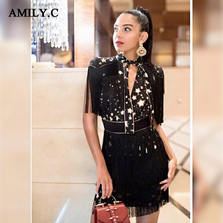 Amily.c 2018 New Spring Women Dress Turtleneck Sexy Bodycon Tassel Chic Celebrity Party Black Dresses Wholesale Vestidos | Женская