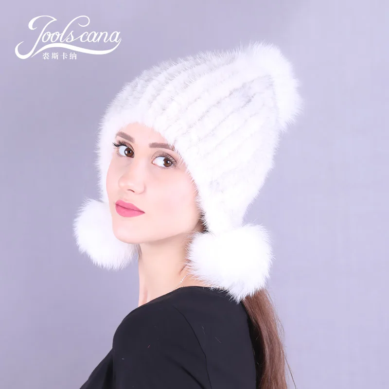Зимние шапки JOOLSCANA для женщин, меховая шапка с помпоном, женская шапка, русская Меховая кепка, зимняя шапка из натурального меха норки, вязаные шапки с лисьим помпоном - Цвет: colour7