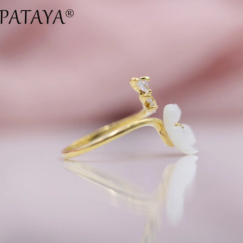 PATAYA Merry Christmas подарок на год модные золотые украшения Настоящее Белое золото ракушка Цветы Природный Цирконий вверх Открытые Кольца для женщин