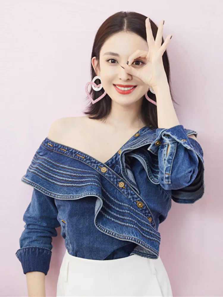 Self Portrait Blouse Women 2019 Autumn Ruffles Long Sleeve Womens tops and blouses Blue Denim Shirt Jreans streetwear |