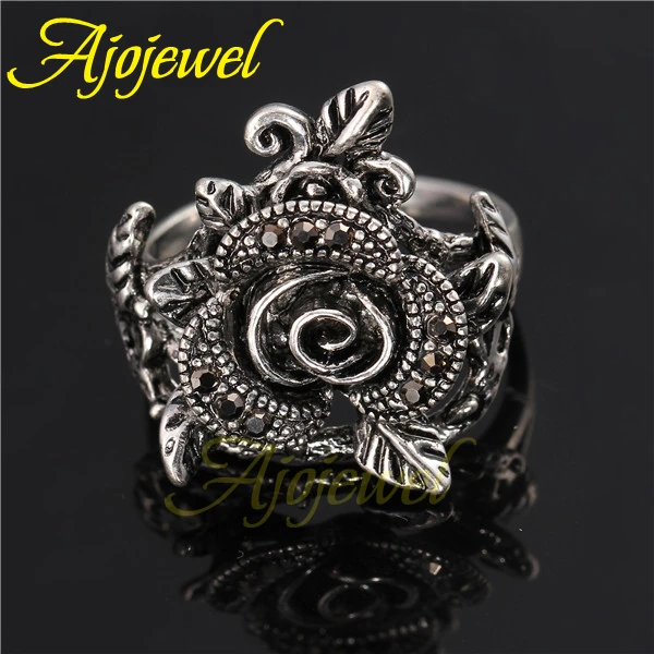 Ajojewel Новый Винтажный Черный Кристалл Стразы Цветок женское Ювелирное кольцо
