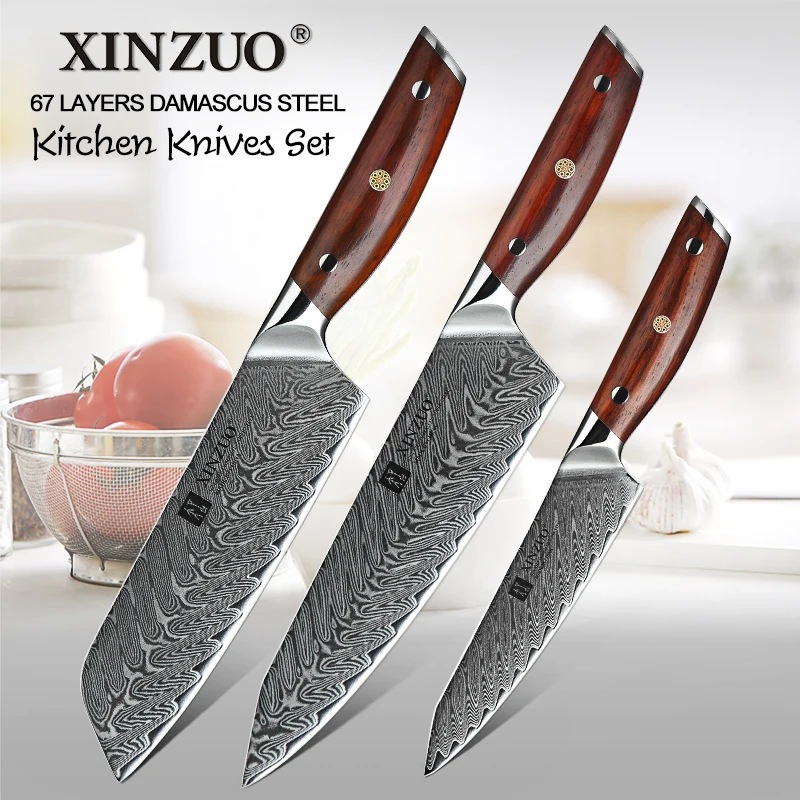 XINZUO 3 шт. набор кухонных ножей 67 слоев дамасской стали модные Sabtoku универсальные ножи шеф-повара кухонные инструменты с ручкой из розового дерева