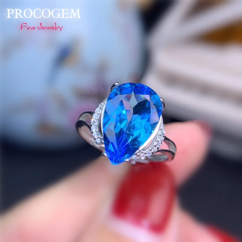 

Natural Blue Topaz Rings for Women Party Gifts 10x14mm 9.5Ct Genuine gemstones White Gold Color Fine jewelry S925 Silver #409