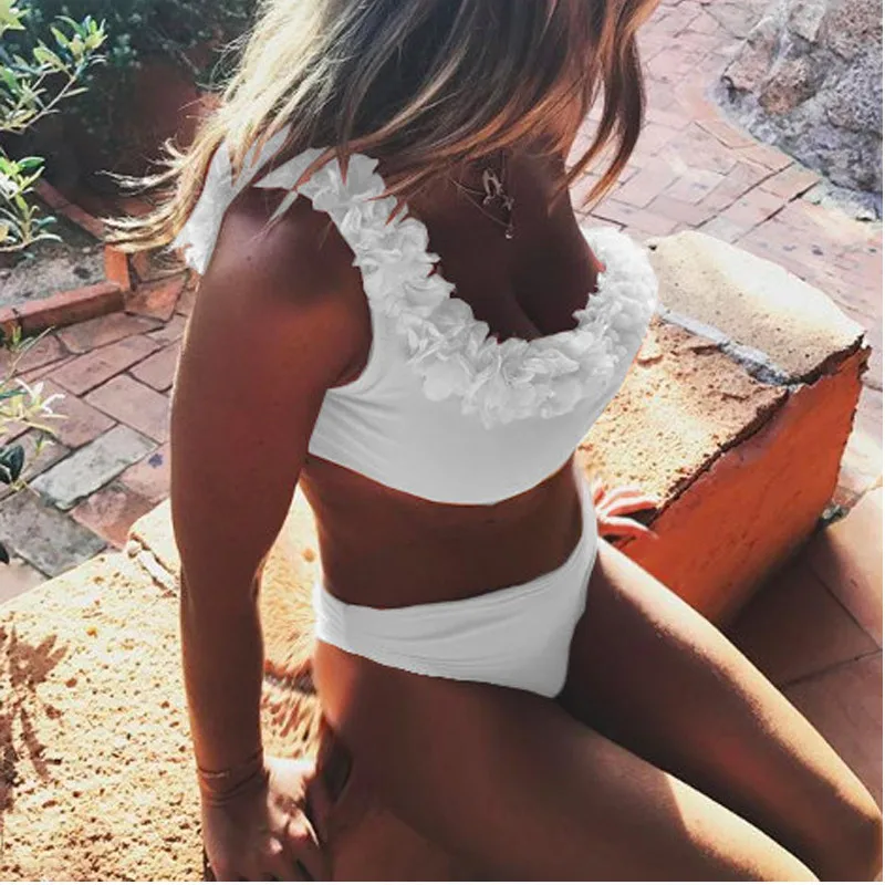 Комплект бикини женский летний с 3D цветами на одно плечо бюстгальтер пуш-ап