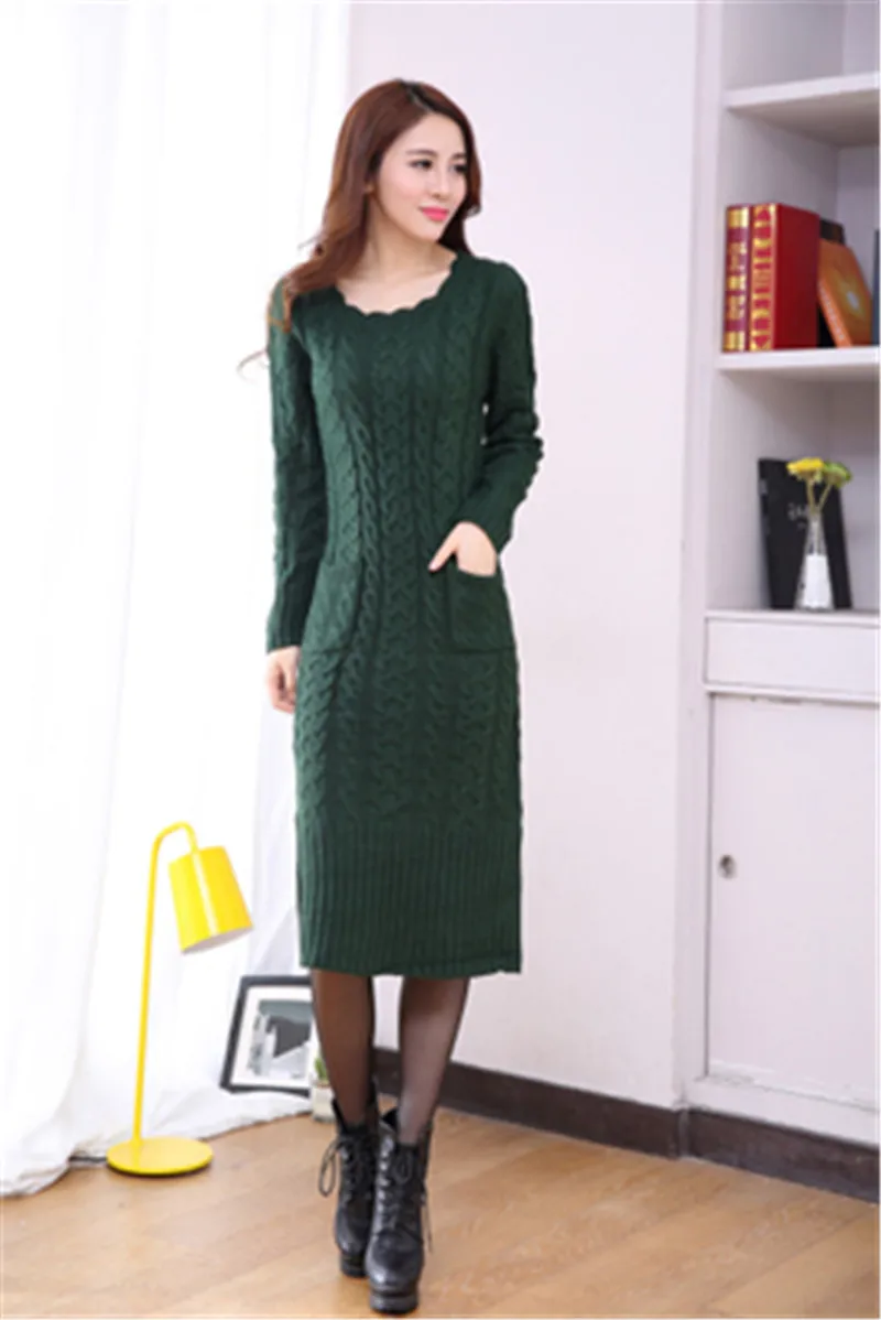 dark green style 2 Осенне-зимний свитер с высоким воротом, Женский вязаный пуловер с разрезом, длинный свитер, платье, Pull Femme, толстый свитер, пуловеры, платье C3685 - Цвет: dark green style 2