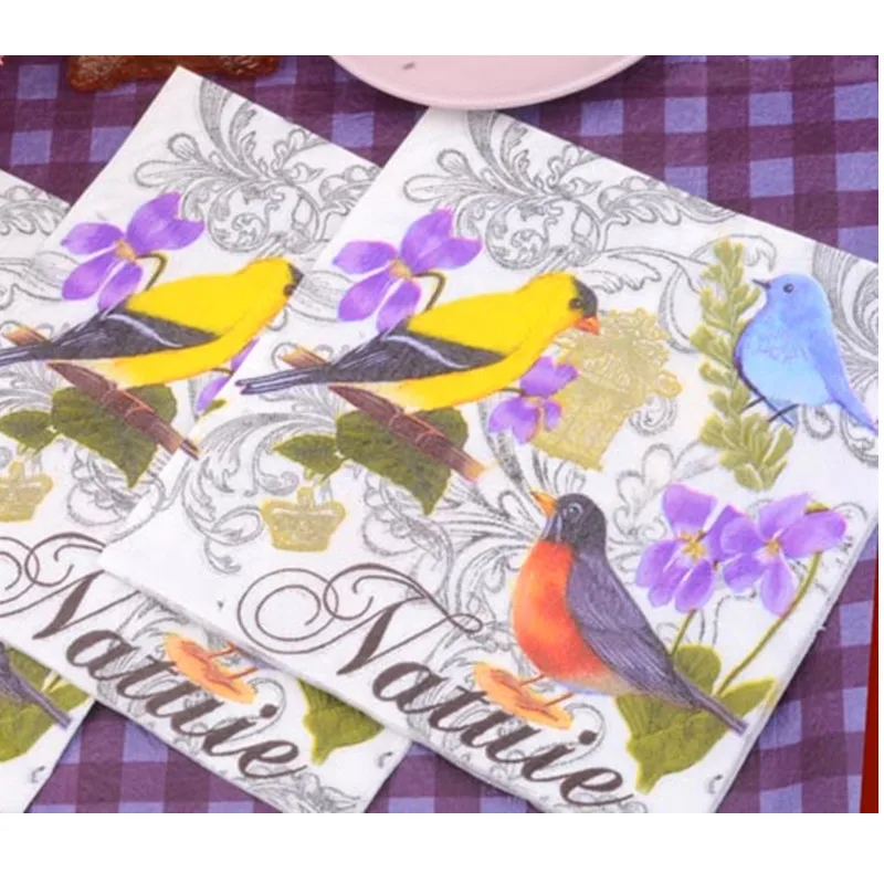 Салфетки в ретро-стиле бумажные салфетки с принтом птиц пурпурных цветов платок