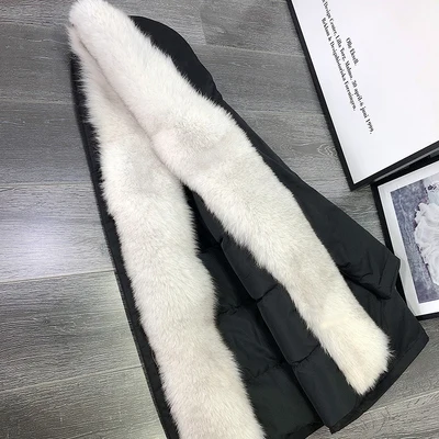 black coat white fur Розовое пальто с натуральным мехом, зимняя одежда, Женская длинная парка с натуральным лисьим мехом, пуховик на белом утином пуху, bew, Рождественская одежда, роскошная женская одежда - Цвет: black coat white fur