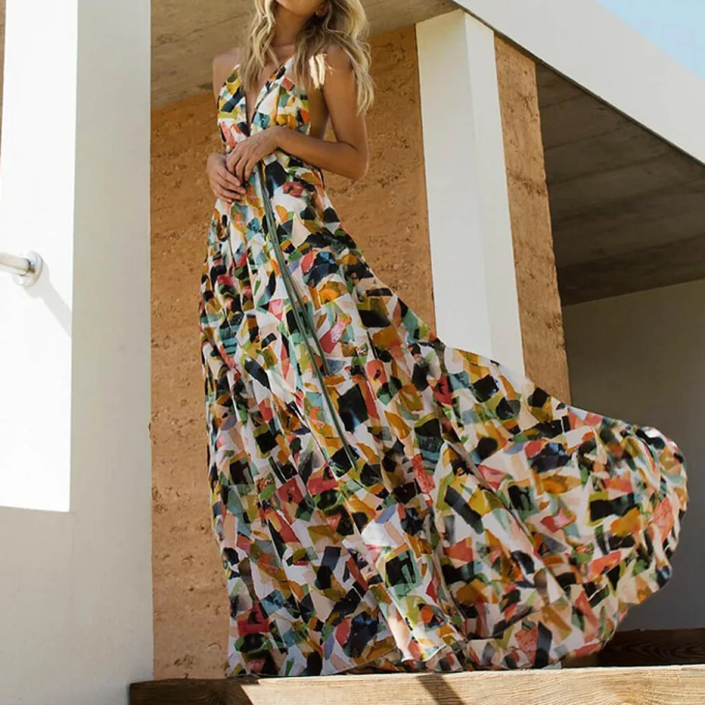 Женское сексуальное длинное платье с геометрическим принтом без рукавов