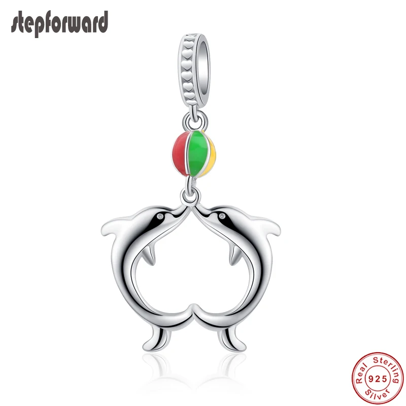 

Trendy Good Quality Gift Jewelry 925 Sterling Silver Two Dolphin Playing Ball Charm Fit Bracelet Pendants Authentic Jewelry Gift
