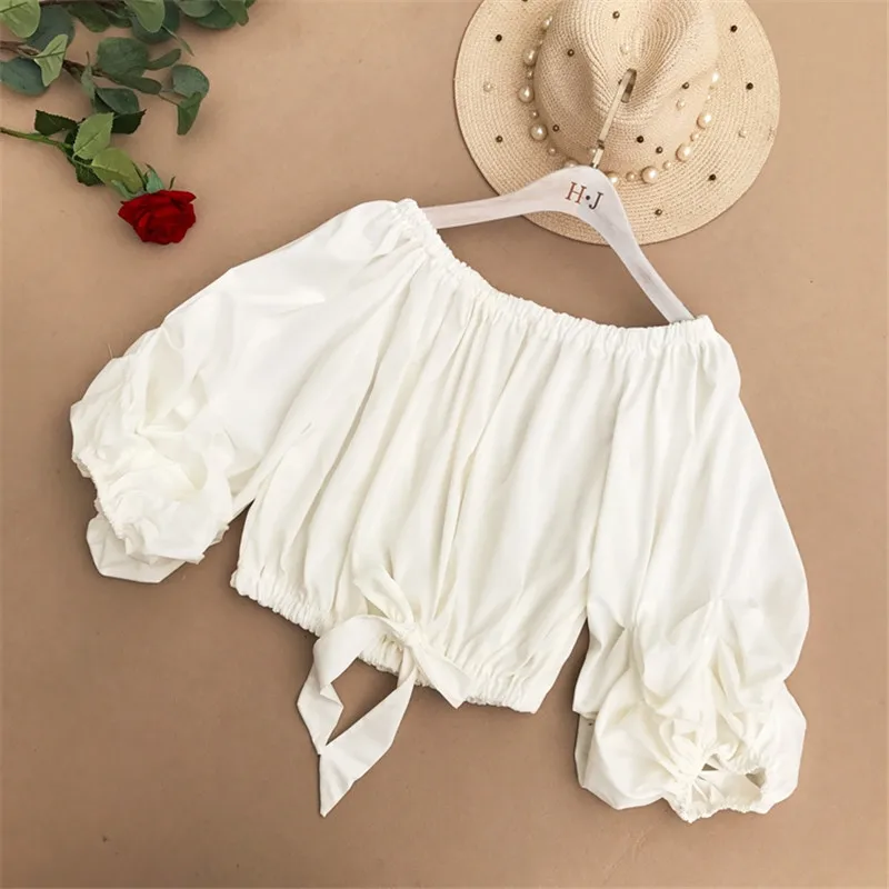 white blouse Neploe, женские рубашки с вырезом лодочкой и открытыми плечами, лето, новые корейские короткие женские блузки с бантом, топы, модные шифоновые Блузы 68093 - Цвет: white blouse