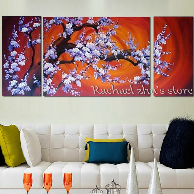 

Hand Painted Abstract Blue Flower Tree Oil Painting On Canvas Three Pieces Landscape Flower Wall Pictures Living Room Home Decor