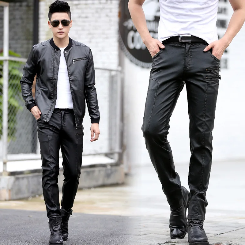 Мужские кожаные брюки размера плюс черные повседневные мотоциклетные карандаш