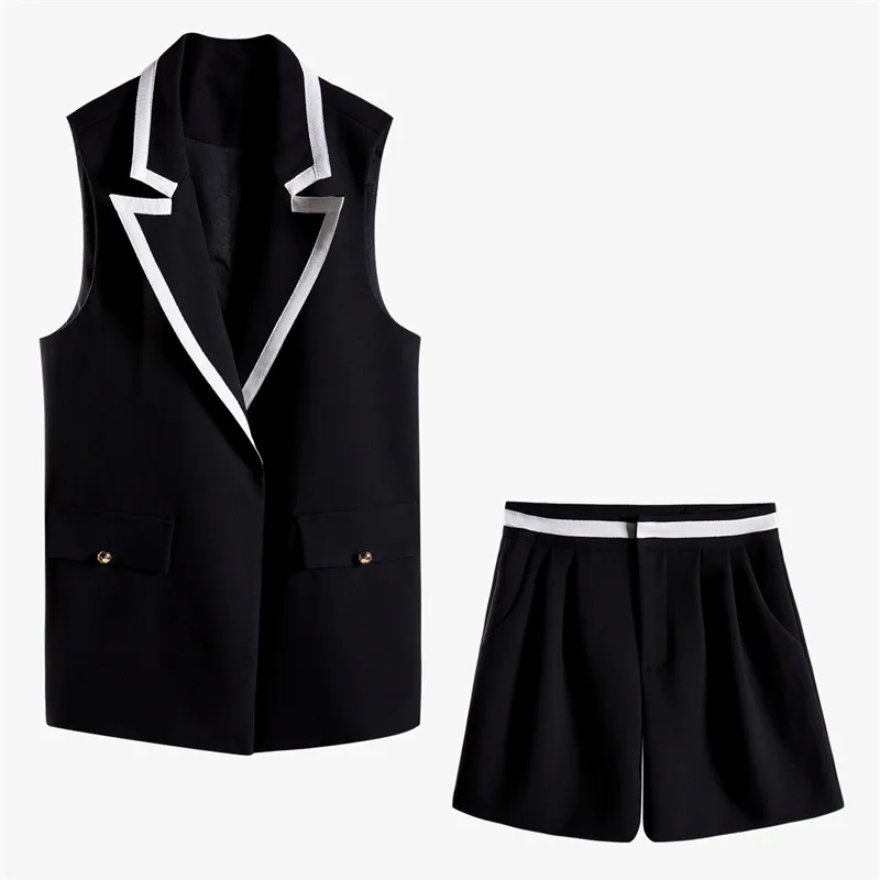 

Luxury Designer Brand Blazer Suits for Women Contrast Suit Vest and Casual High Waist Short Suits Black White