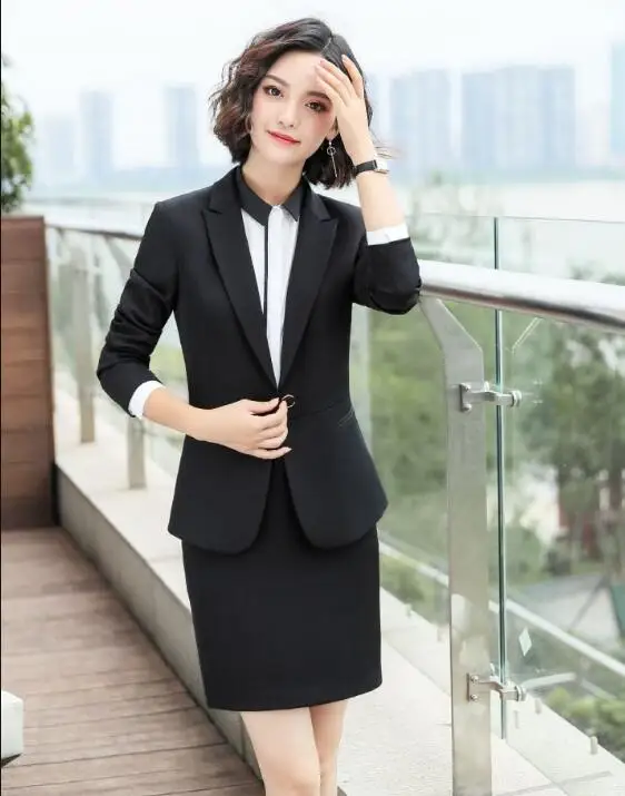 black Skirt suit Деловой женский костюм-карандаш с брюками, комплект из 2 предметов, черный однотонный блейзер+ штаны, офисный женский пиджак с фигурным вырезом, женская одежда, плюс 5XL - Цвет: black Skirt suit