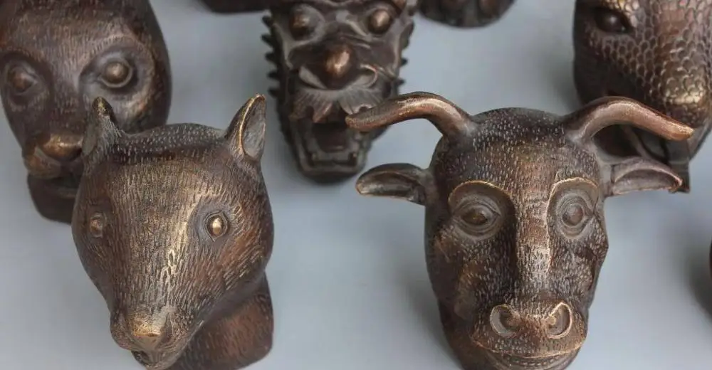 Marked Chinese Bronze 12 Animal Dragon Horse Sheep Bull Chicken Head Full Set | Дом и сад
