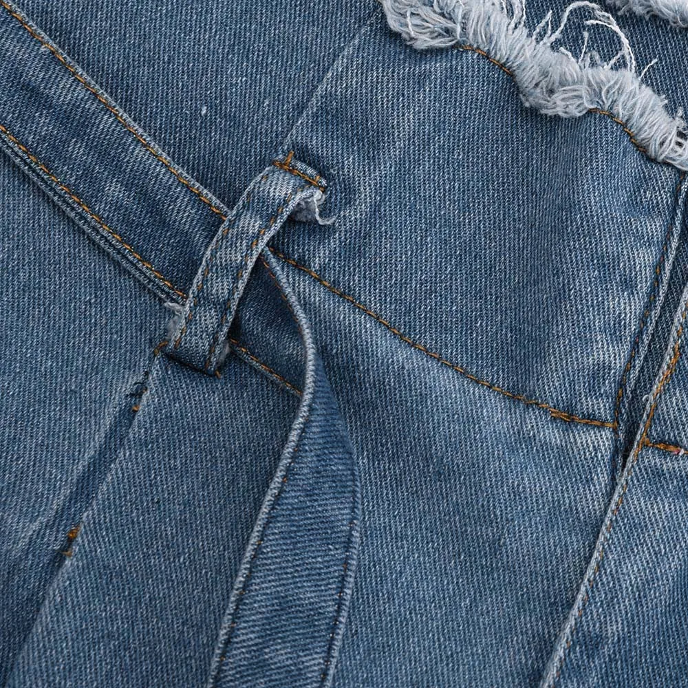 2019 женские летние модные свободные джинсы с завышенной талией и бантом дырками