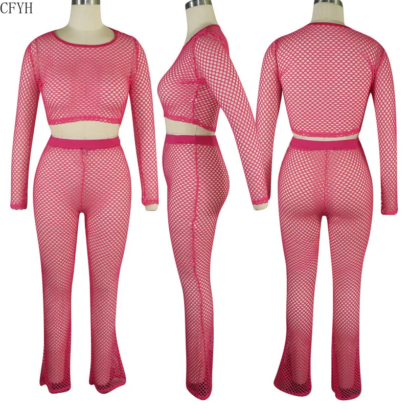 

Women Summer Beach Gauze Grid See Though Long Sleeve Tee Top Wide Leg Pants Suit Two Piece Set Sporty Tracksuit Outfit