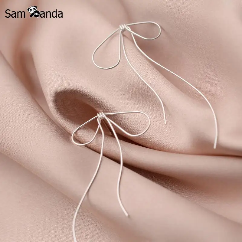 New 925 Sterling Silver Openwork Bow Temperament Girl Heart Line Stud Earrings For Women Hypoallergenic Fashion Gift | Украшения и