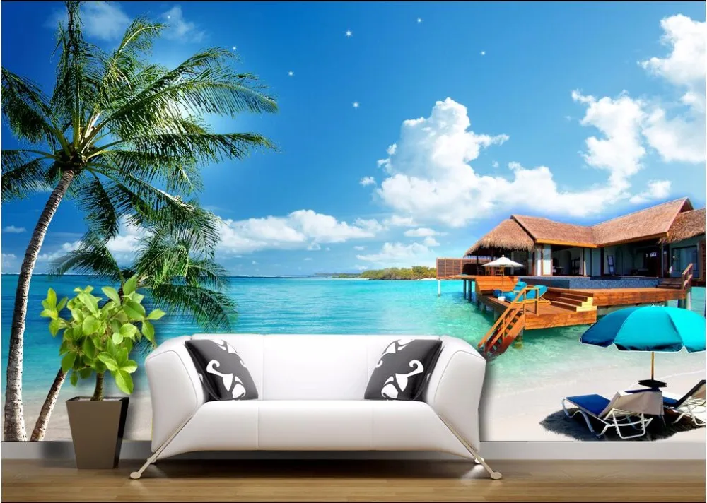 Фото 3d обои изображение голубого неба моря пляжа хижины декор комнаты живопись на