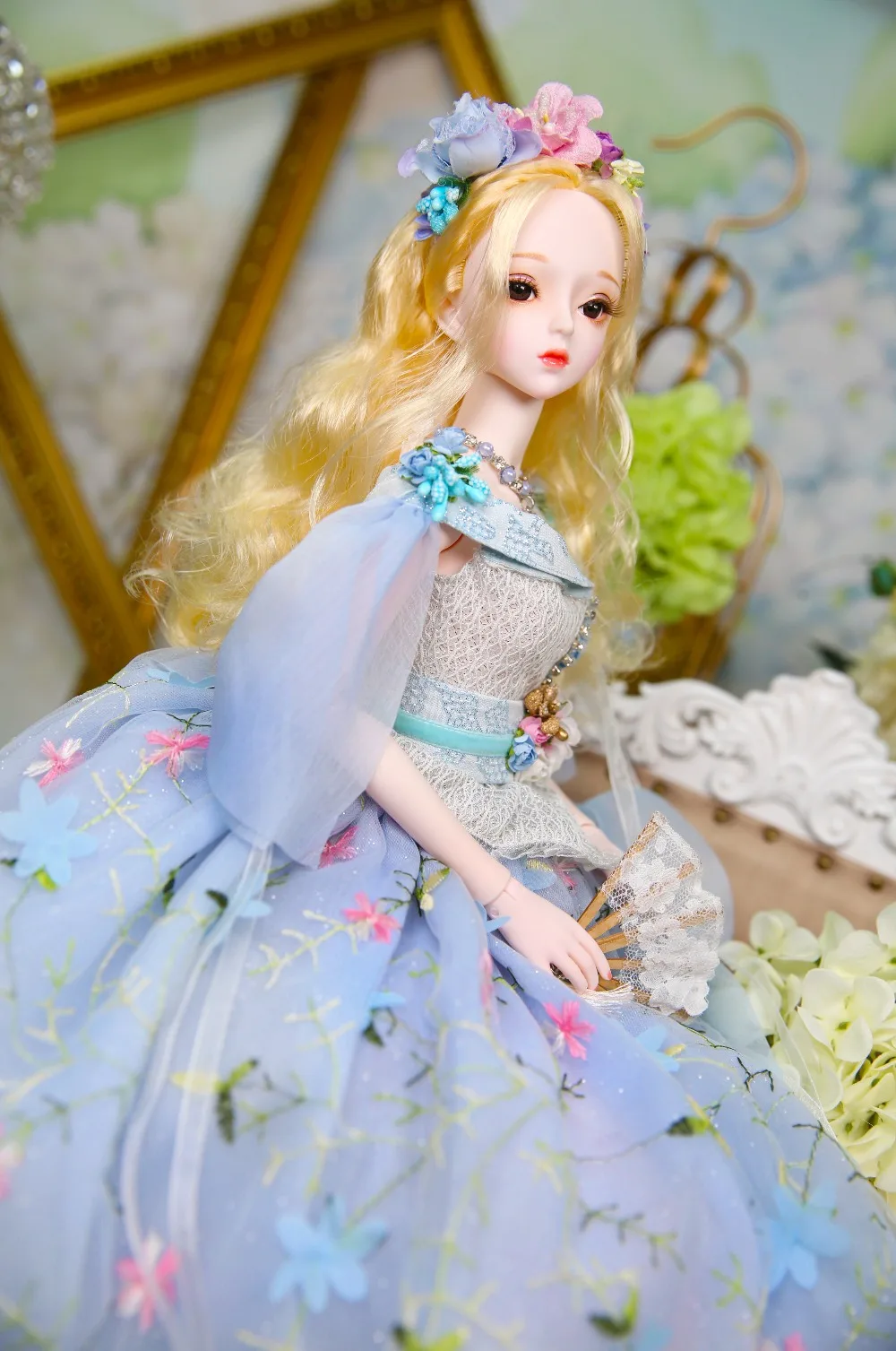 1/3 bjd куклы 62 см кукла с гибкими суставами белая кожа золотые волосы с цветком туфли под платье головной убор, Каролин