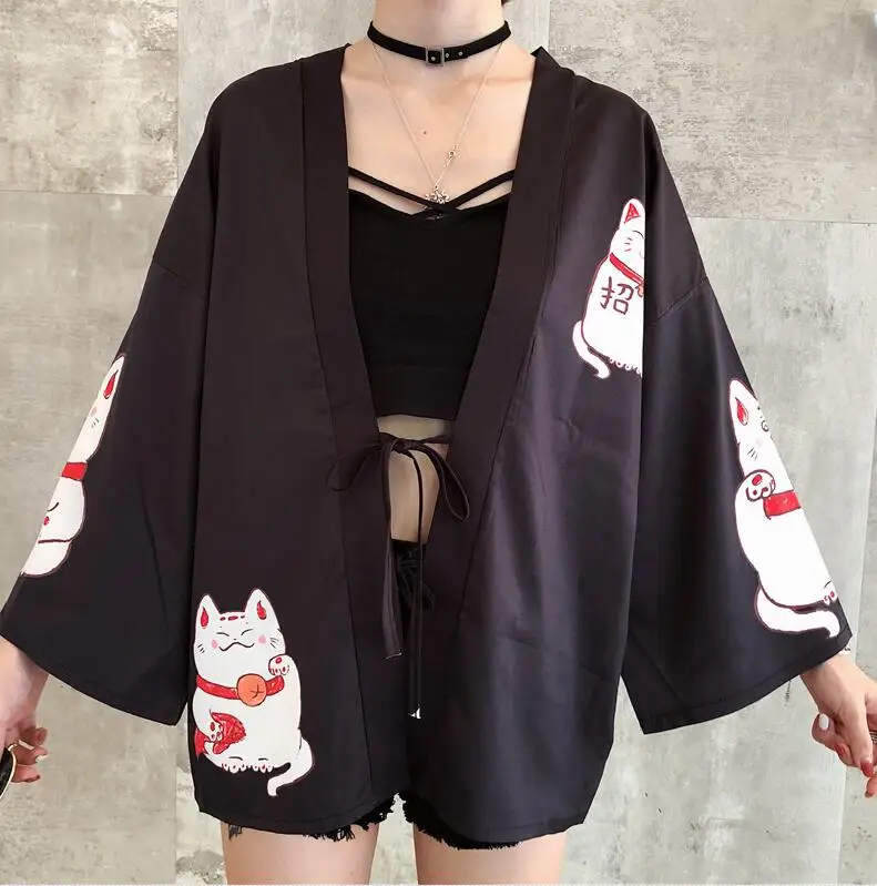 Японские наряды кимоно кардиган женский юката женское китайское кимоно harajuku kawaii одежда блузка рубашка хаори obi FF2038 - Цвет: Черный