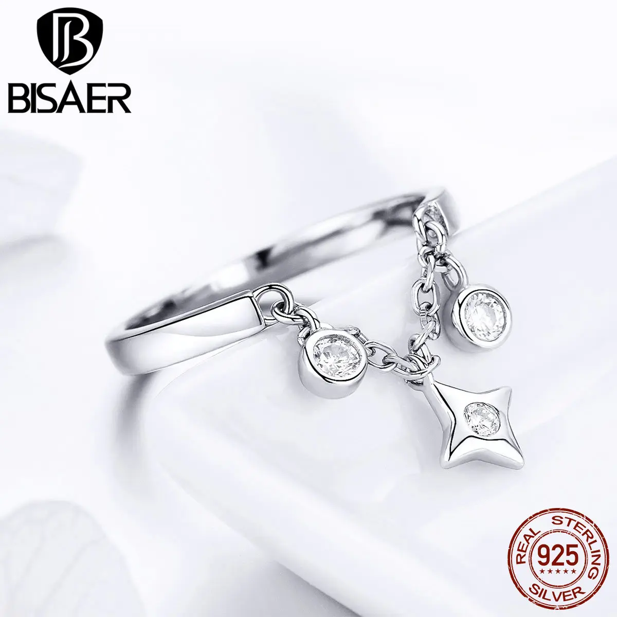 BISAER,, 925 пробы, серебряные кольца с сияющей звездой, женская подвеска на цепочке, кольцо на палец со звездой, корейское свадебное кольцо, ювелирное изделие ECR408