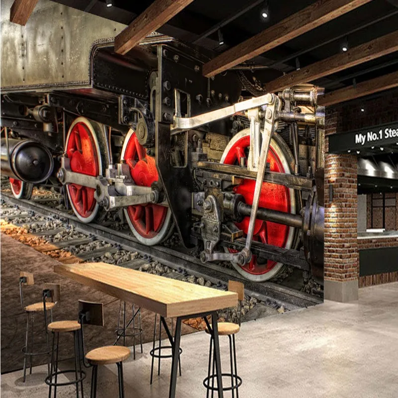 Фото обои ретро Ностальгический черный белый паровой поезд росписи на заказ кафе