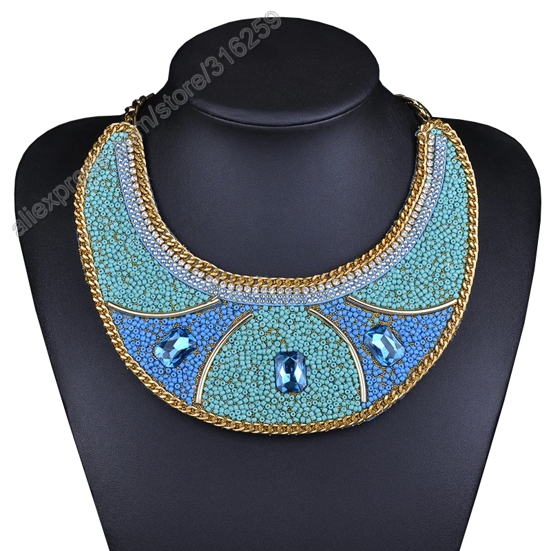 Short Fake Collar Sapphire U-shape Blue Bib Choker Necklaces Women Bohemian Necklace Ethnic Jewelry Vintage Style | Украшения и