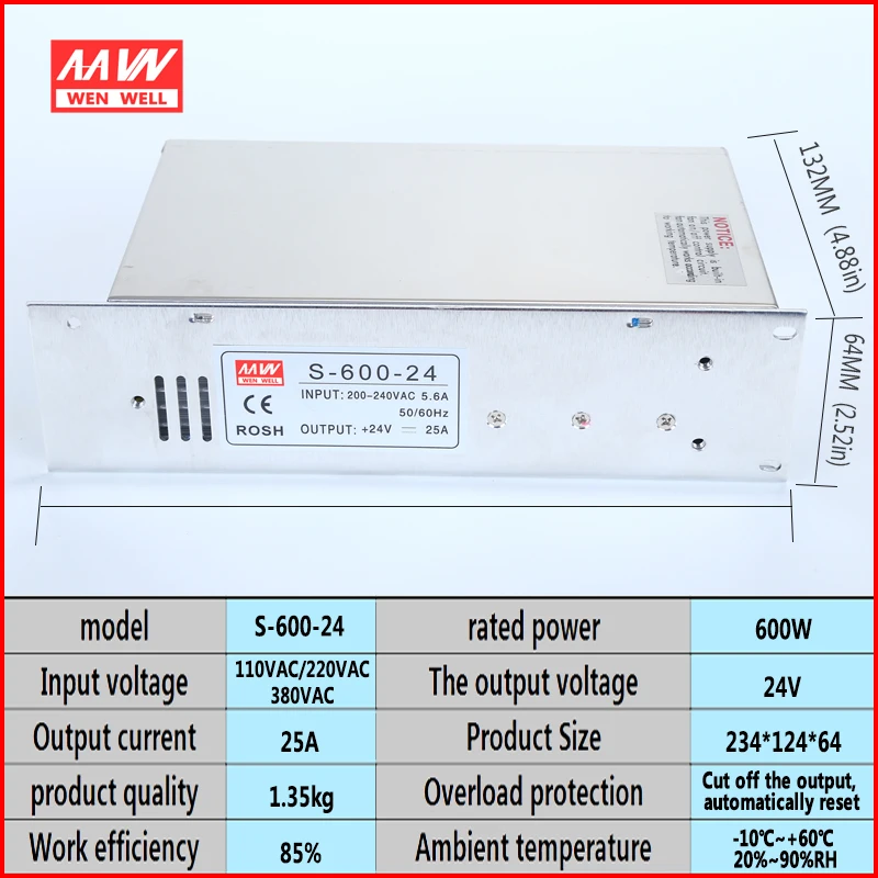 Импульсный источник питания S-600W-12V 24 в 36 в 48 в промышленный контроль центральный светодиодный мониторинг света Мощный источник питания постоянного тока