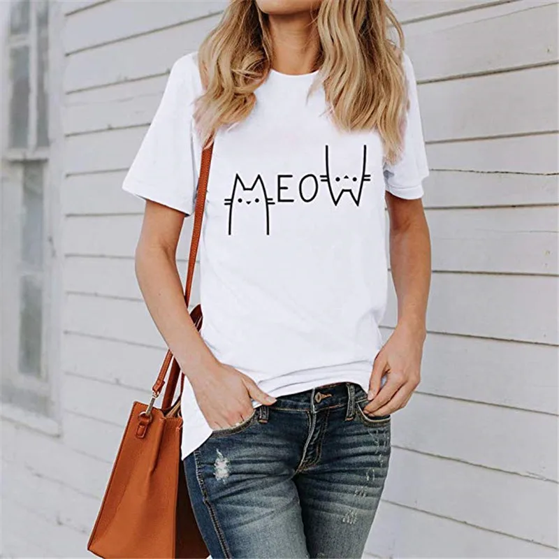 Футболка LUSLOS Meow женская с принтом милого кота летняя белая футболка 2019 кошки для