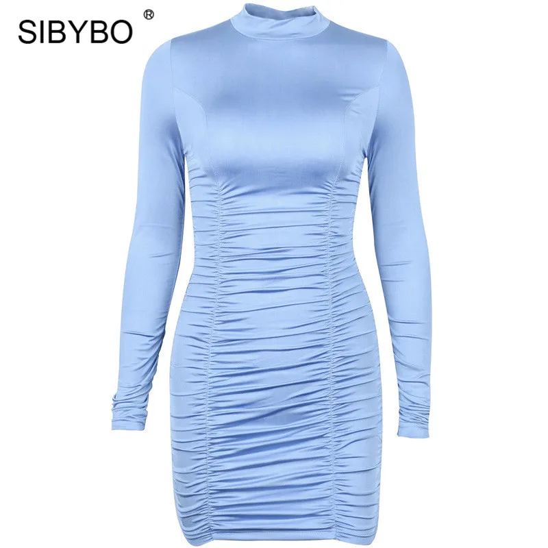Blue Sibybo Turtleneck Long Sleeve Autumn Dresses for Women Fashion Sheath Pleated Mini Dress Women Black Casual Women Dresses Winter - Color: Blue