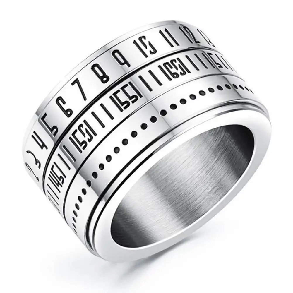 Unique Design Clock Time Shape Men Rings Silver Color Titanium Steel Rotating Ring Arabic Numerals Calendar Anel Masculino | Украшения и