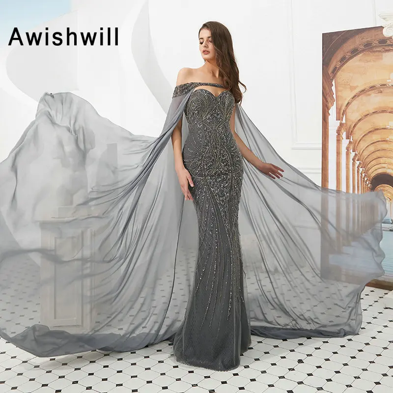 Luxury Long Prom Dress 2020 Fully Beads Grey Mermaid Formal Evening Dress With Detachable Cape Dubai Style Vestido De Festa