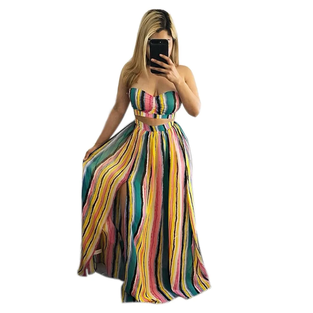 Женский комплект из топа и длинной юбки двух предметов в полоску без бретелек