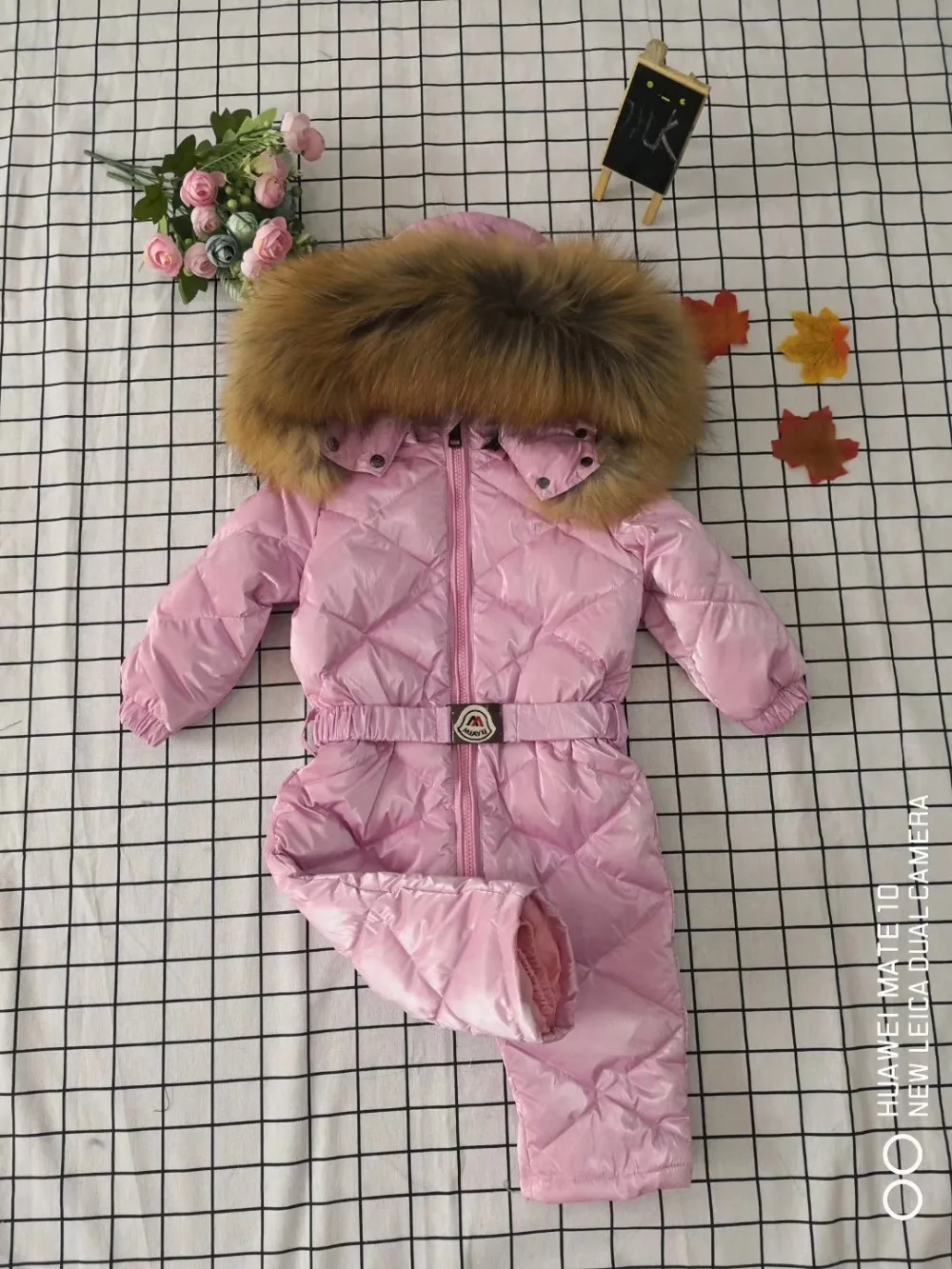 70cm-150cm Real fur hooded baby outergoing Winter children jumpsuit snow suit girl down boy Baby coveralls ski suit