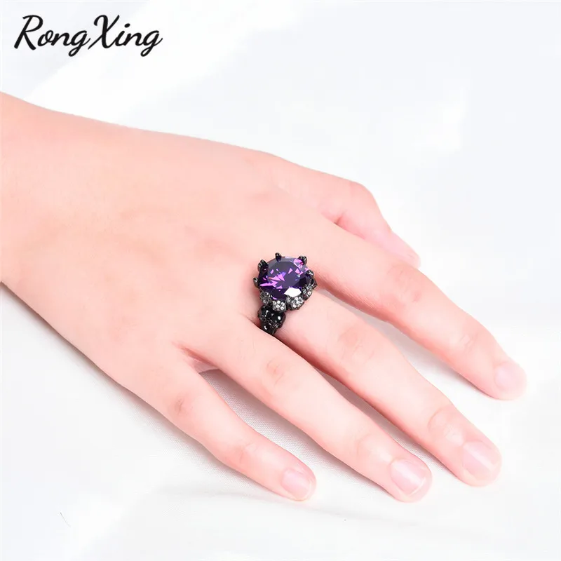 RongXing стильные кольца для мужчин и женщин с большим каменным черепом, Черное золото, Круглый Циркон, фиолетовый/красный камень, скелет, байкерское кольцо