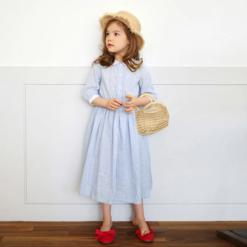 Весенне-летнее Полосатое платье-рубашка с воротником Питер Пэн для девочек от 4