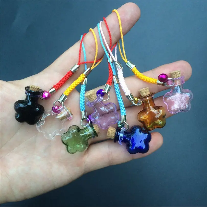 

Small Plum Flower Glass Bottles with Braided Nylon Rope Keychains DIY Small Perfume Jars Pendants Mixed Color 7pcs 10 Sets