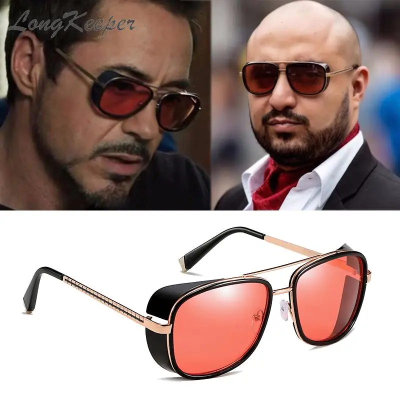 LongKeeper Steampunk Goggles Sunglasses Tony Stark Iron Man Gafas Retro Square Eyewear Red Lens Pilot Sun Glasses UV400