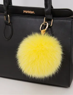 yellow Большой брелок с помпоном из меха лисы с металлическим брелоком золотого и серебряного цвета для женщин, брелок для автомобиля, подвеска, украшения - Цвет: yellow