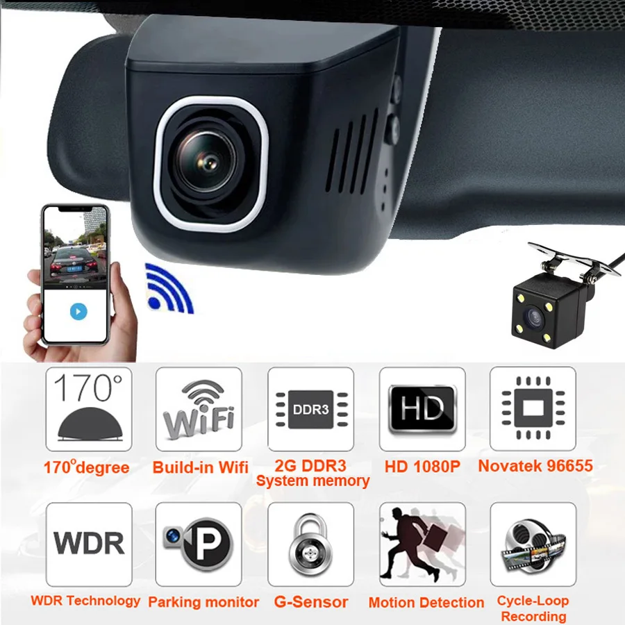 Автомобильный видеорегистратор WHEXUNE Wi Fi FHD 1080P Novatek 96658 Sony IMX323 два объектива мини с