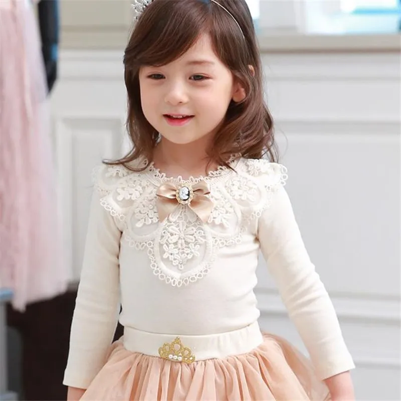 Блузка для девочек одежда с длинными рукавами и вышивкой кружевная отделка