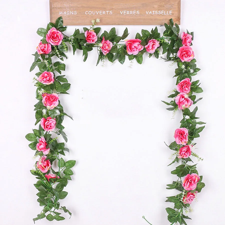 rose red Шелковые искусственные цветы для украшения стен из ротанга, искусственные растения, листья, гирлянда, романтическое свадебное украшение для дома - Цвет: rose red