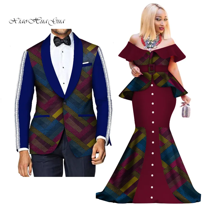 Fashion Custom African Couple Wedding Clothing Dashiki Women Skirt& Men Blazer for Lovers African Traditional Clothing WYQ276