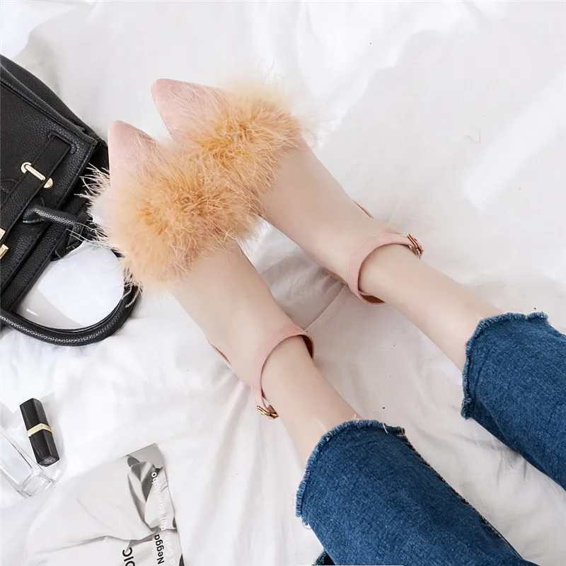 Корейский сладкий на плоской платформе меховые сандалии женские летние два