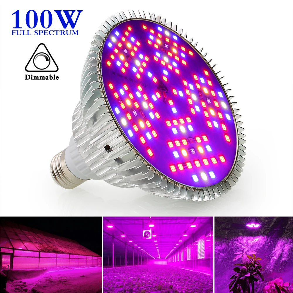 Фитолампа Full Spectrum LED Grow Light E27 100W для роста растений в тенте 220V 110V включена в розетку.
