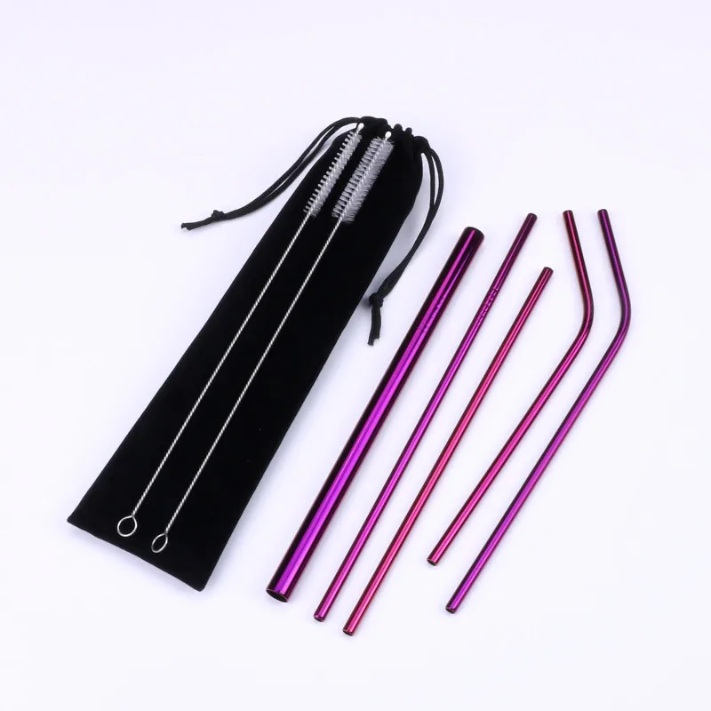 purple 8pcs Reusable Colorful Stainless Steel Drinking Straw High Quality Straight Bent Metal Straw with Cleaning Brush and Storage Bag - Цвет: purple