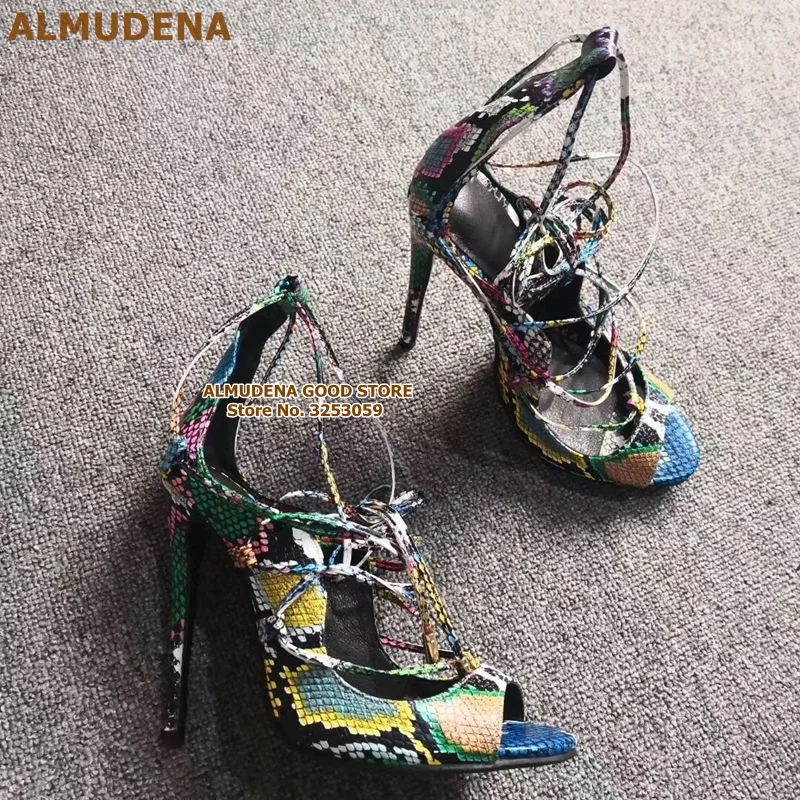 ALMUDENA/фабричные босоножки на высоком тонком каблуке под змеиную кожу с