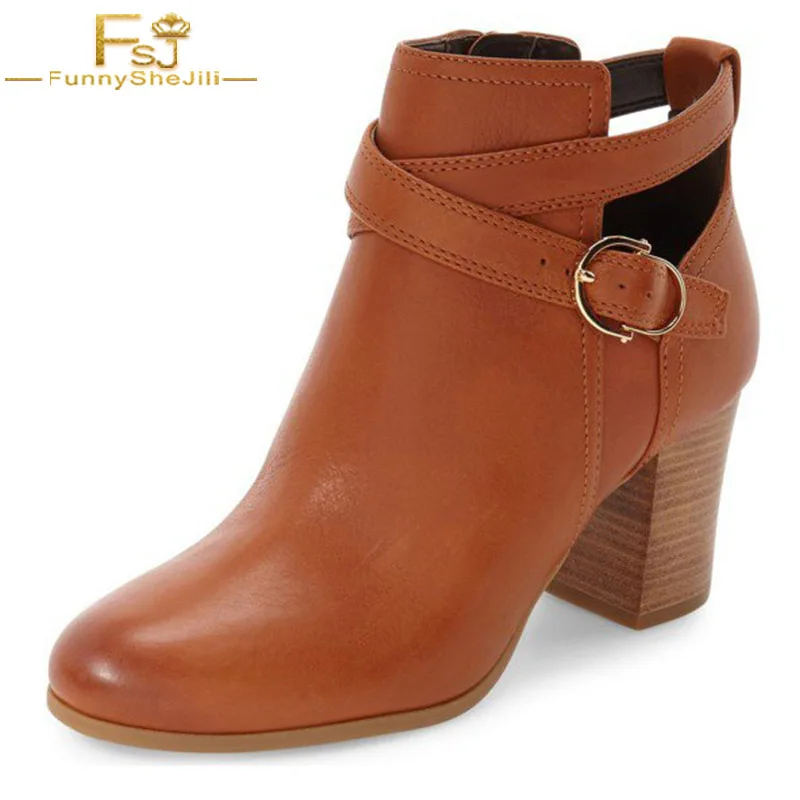 

FSJ Tan Vegan Boots Round Toe Block Heel Buckle Strap Polyurethane Autumn Winter Work Date Hanging out Ankle Boots US Size 4-16