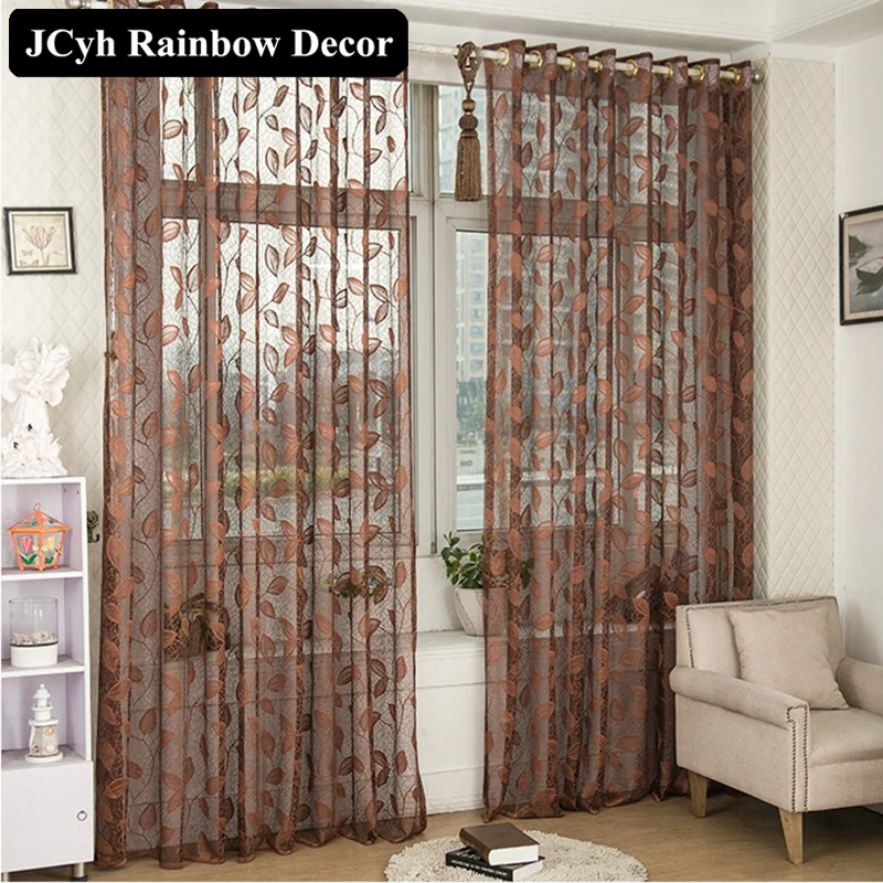 

High Quality Leaf Sheer Curtains For Bedroom Embroidered Window Tulle Curtains For Living Room Gray Coffee Brown drapes Voile